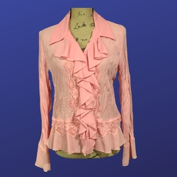 ROBBIE BEE Semi-sheer/Lace-Trim/Ruffled REGENCY Blouse, PINK, Size Large, NWOT - Picture 1 of 8